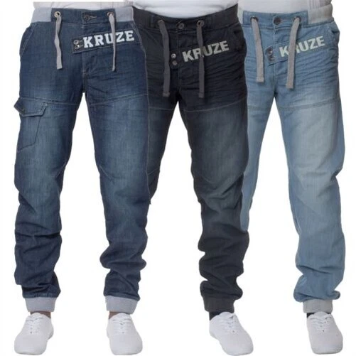 Kruze Mens Cuffed Jeans Joggers Elasticated Waist Denim Trousers