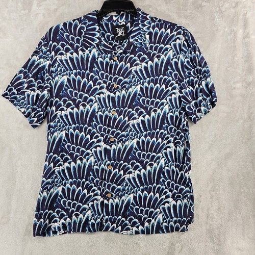 Ed Hardy Rayon Camp Shirt Mens Medium Blue Hawaiian Lightweight Short Sleeve