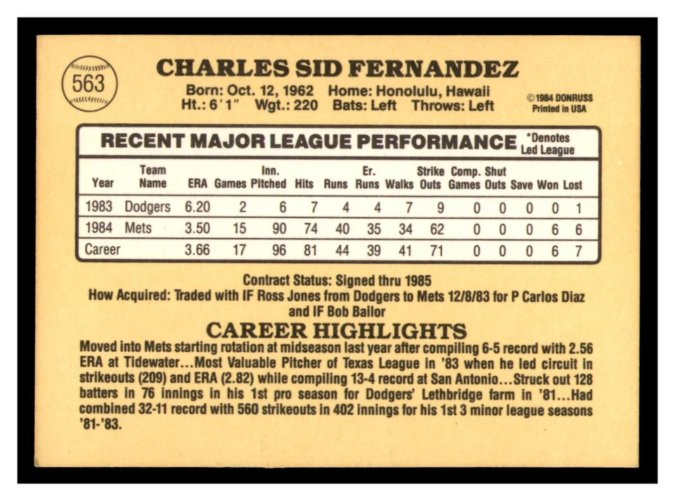 Sid Fernandez New York Mets Autographed 1985 Donruss Card #563 - Image 2 of 2