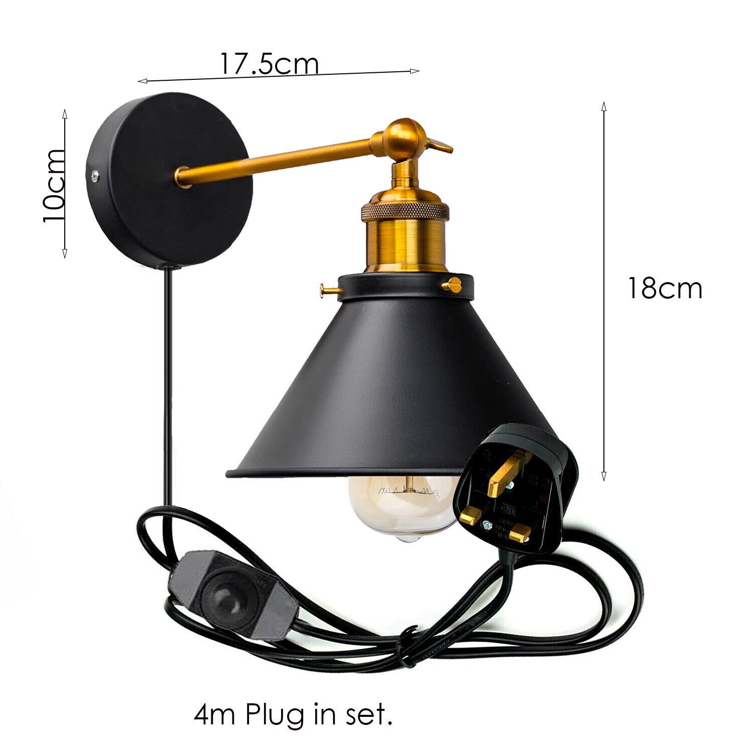 Vintage Industrial Black Wall Light Sconce Indoor Metal Cone Plug in