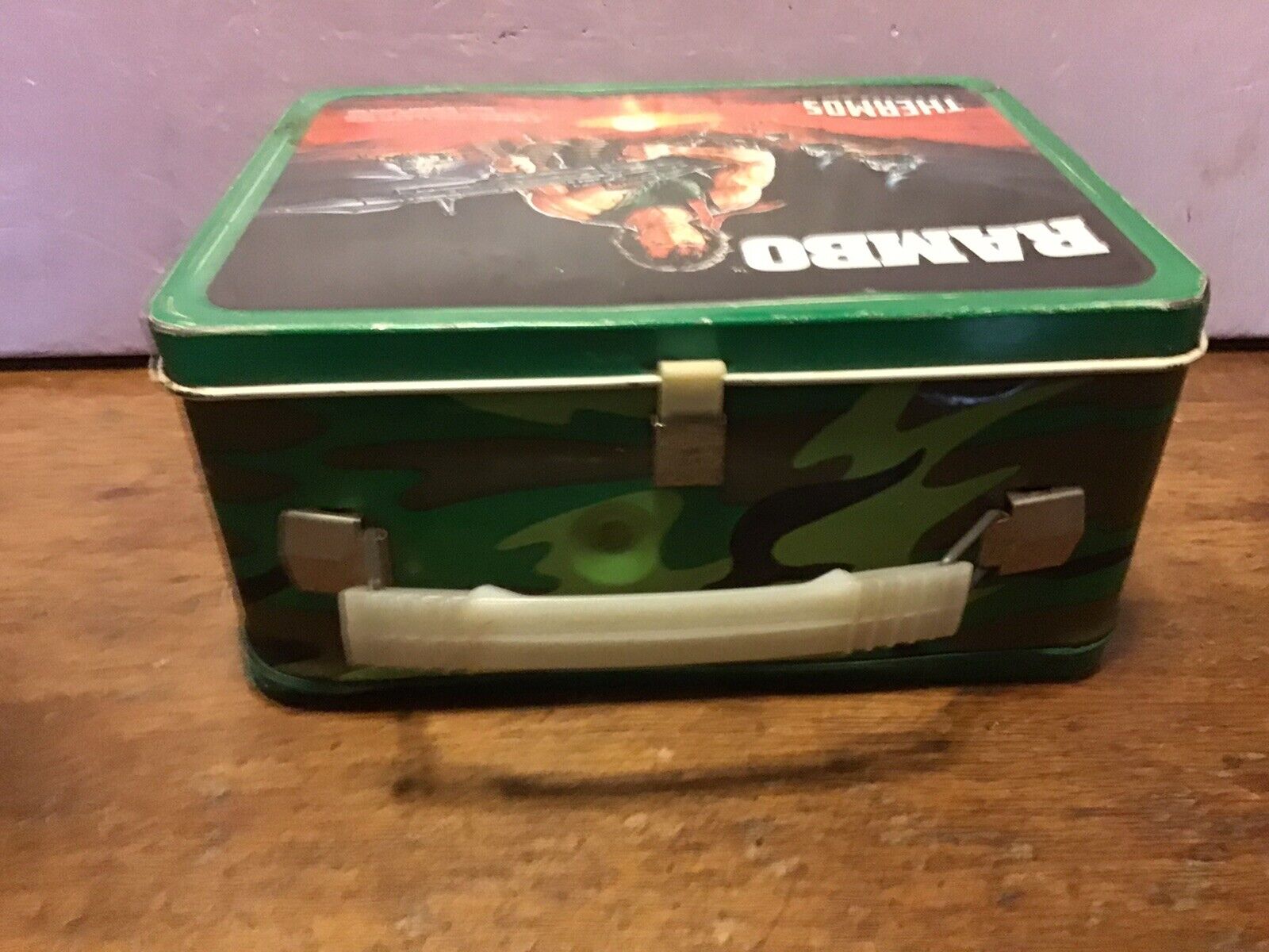 Rambo Green Camo Tin Metal Lunchbox and Thermos Cup 1985 Thermos Anabasis  USED - We-R-Toys