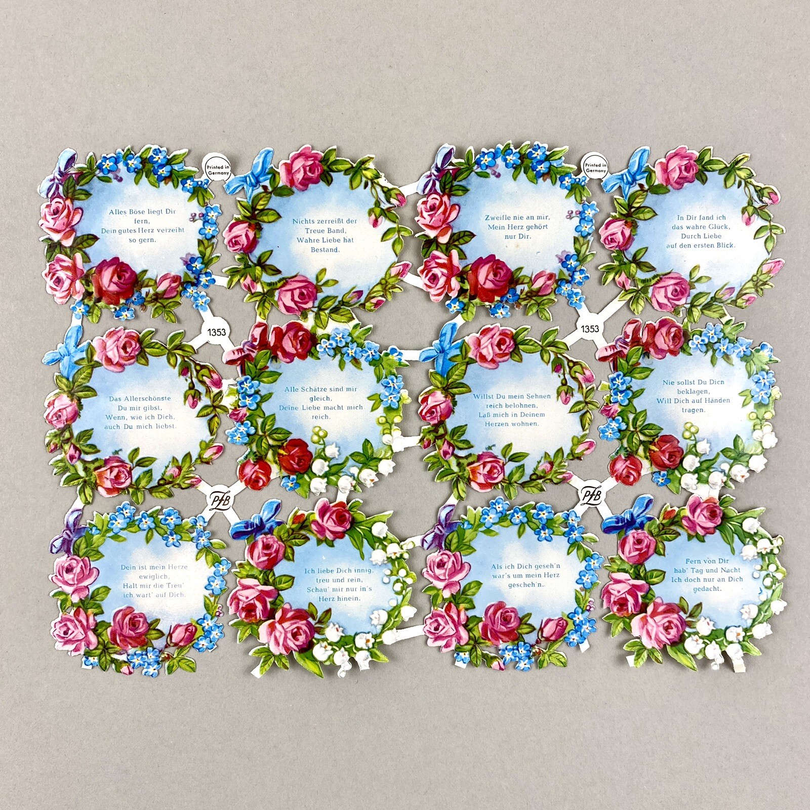 Vintage Oblaten Glanz Lack Bild Paper Scraps Alt PZB Rosen Kranz Text Sprichwort