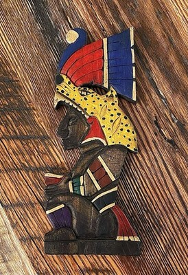 Vtg. Aztec/Mayan Style Hand Painted Wood Medicine Man Wall Hanging Decor