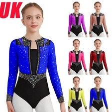 UK Kids Girls Unitard Dance Leotard Competitions Bodysuit Shiny Rhinestones Yoga