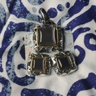 Silver Tone Gray cats Eye Square Pendant & Stud Earrings Jewelry Set Metal — photo 3