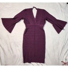 Herve Leger Purple Bandage Bell Sleeve V-Neck Bodycon Dress M HBF64P95-546