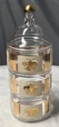 VTG. Anchor Hocking Stacking Candy Dish: Gold Fleur de Lis Apothecary Jar W/Lid