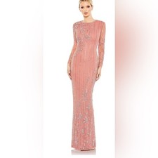 Mac Duggal Pink Embellished High Neck Illusion Long Sleeve Gown - 93626 - Size 4