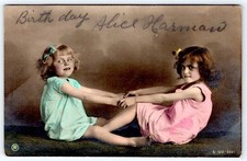 1907-10's RPPC SWEET LITTLE GIRLS HAND-COLORED PINK and BLUE DRESSES POSTCARD