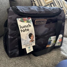 Fit Fresh Lunch Tote 4 Containers, Ice Pack, Insulated, Black/Grey Straps