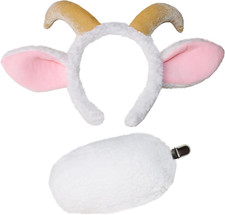 Goat Ears Headband with Ram Horns and Tail, Furry Goat Costume Accessory.