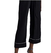 Zara Black Wide Leg Cropped Knit Pull-on Pants White Embroidered Detail Size M