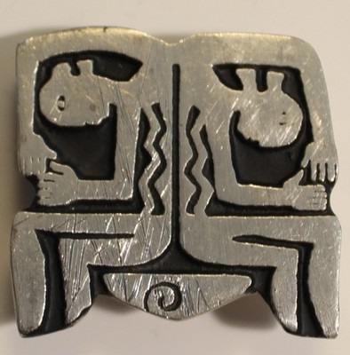 Alice Seely Dual Seated Figures Panel Brooch Pewter Signed 2000 Petroglyph Pin