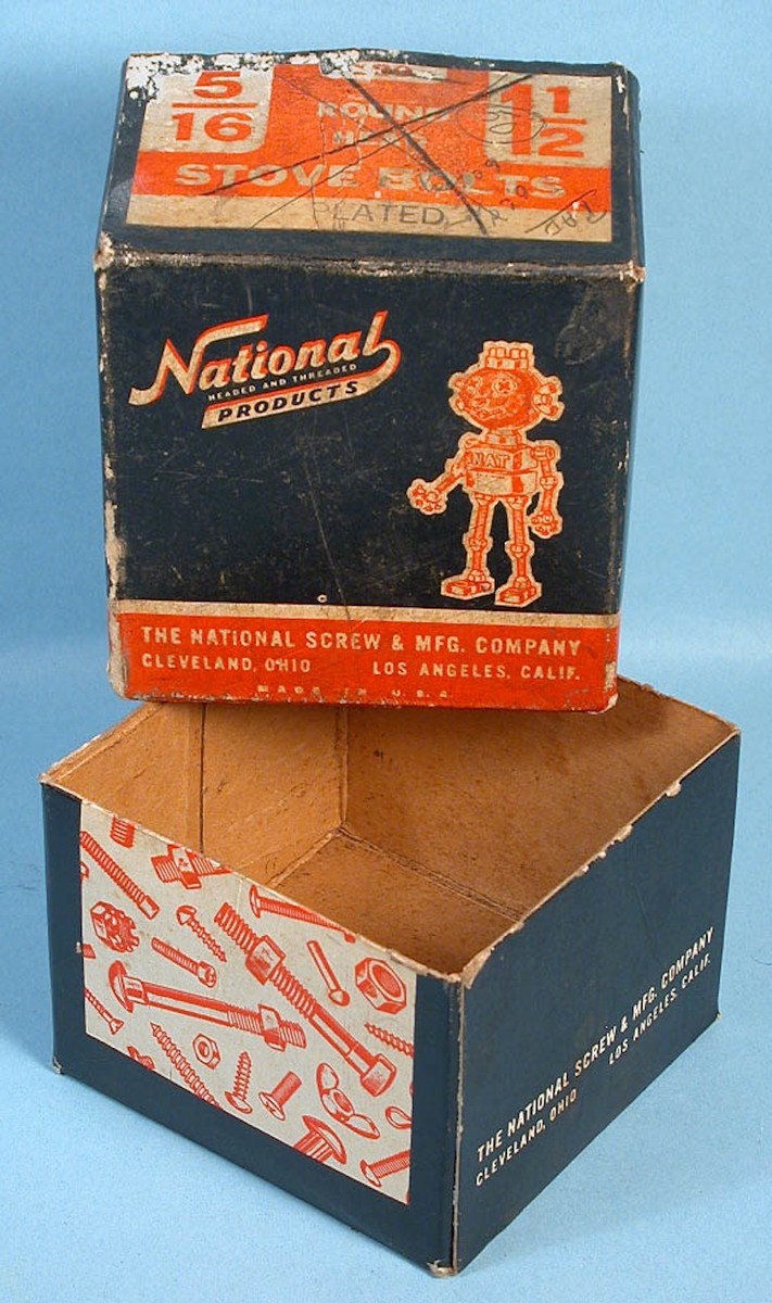 1950s Nat the Robot Advertising Mascot Bolts Box National Screw