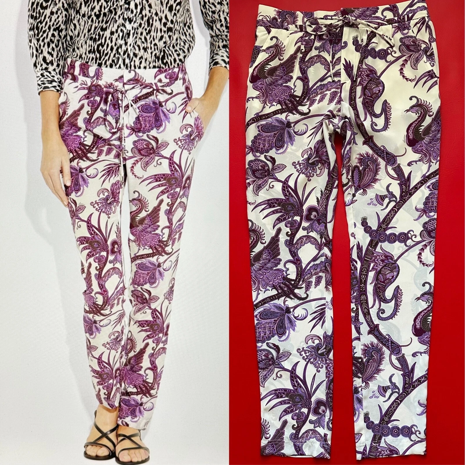 Magnifique pantalon facile Gucci 100% soie violet cachemire fleurs oiseaux taille 40