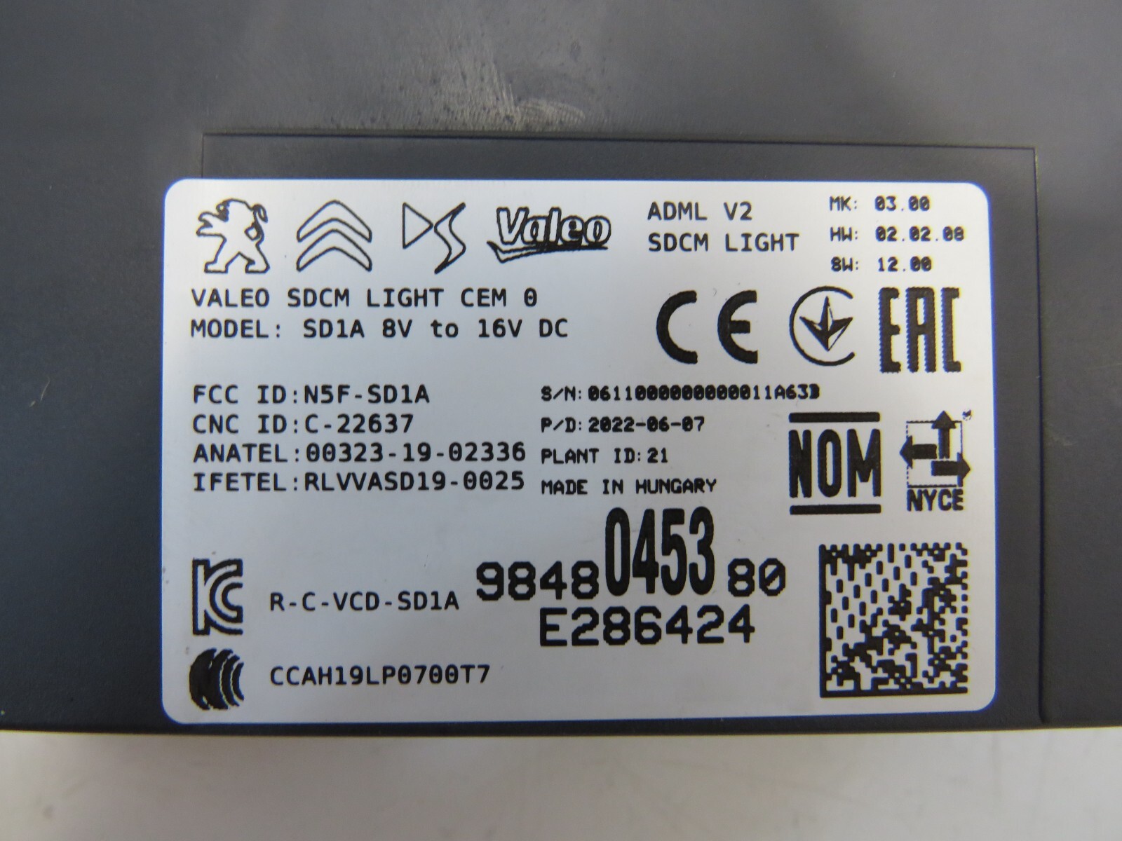 VAUXHALL MOKKA 2020-23 SDCM LIGHT CONTROL MODULE 9848045380 Q6914  