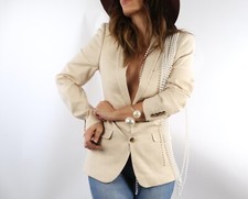 Cream Two Button Long Pearl Detailed Blazer Jacket Womens Bridal Statement Sz S