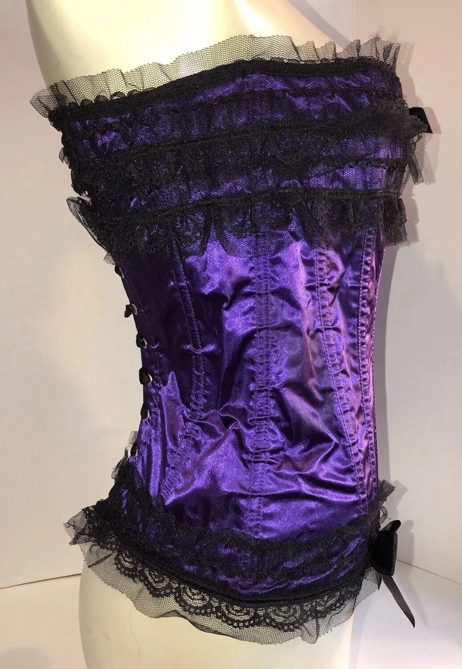 VTG Shirley Of Hollywood Purple Satin Black Bow Lace Ribbon Bustier Corset Sz M - Image 3 of 4