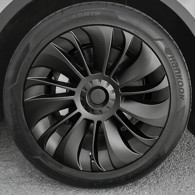 KAVANIC Wielkappen Geschikt voor Tesla Model Y 19 inch Wielkappen Mat Zwart Support Logo Range Improvement (4 stuks) Inductiestijl 2020-2023 Model Y Wielkap