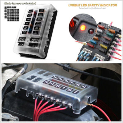 Automotive Boat 12-Way Blade Fuse Box Block Holder Red LED Indicator DC32V 100A