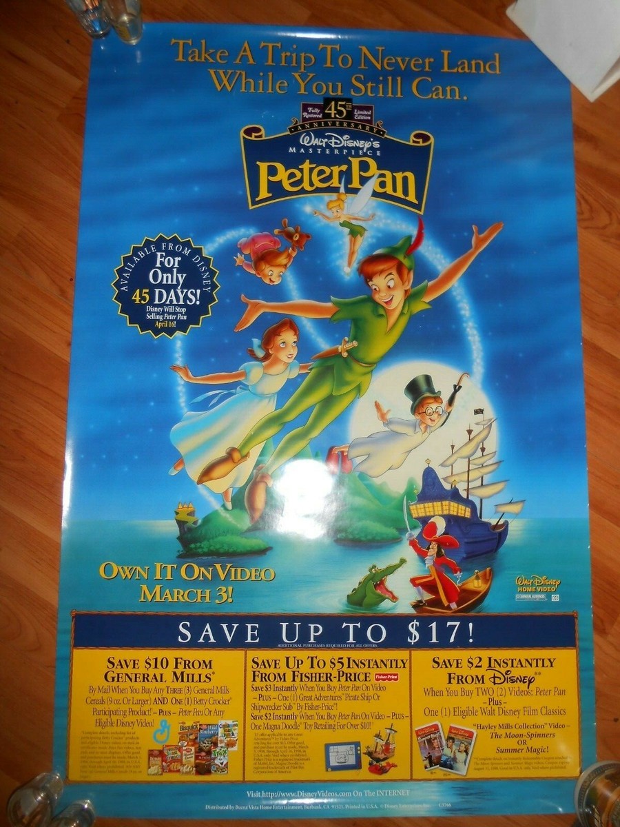 Peter Pan 1998 Home Video Release VHS Poster Print 26 x 40 Rolled