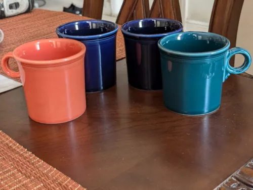 Set of 4 Fiestaware Coffee Mugs Cups HLC Fiesta O Ring Handle Blue, Orange, Teal