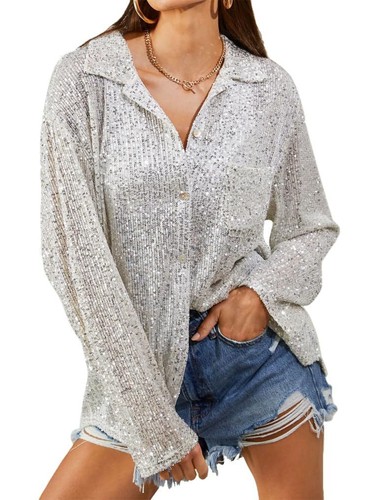 Spring Women Fashion Sequin lapel Solid Color Cardigan Jacket Long Sleeved Shirt - Picture 7 of 20