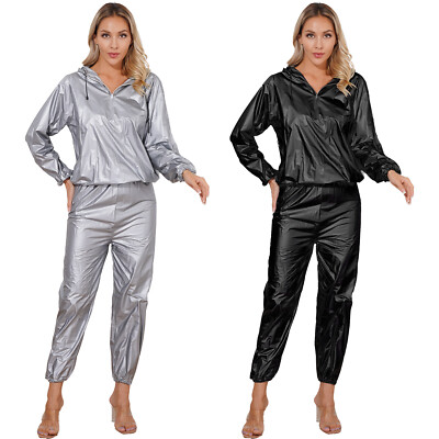 Women's Sauna Suit Hooded Tops with Pants Outfit PVC Weight Loss Sweat Suit 
