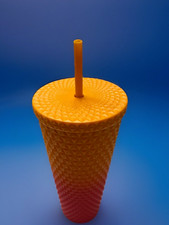 Mainstays Ombre Orange Pink Raspberry Tumbler Cup 26 oz Textured Plastic Straw