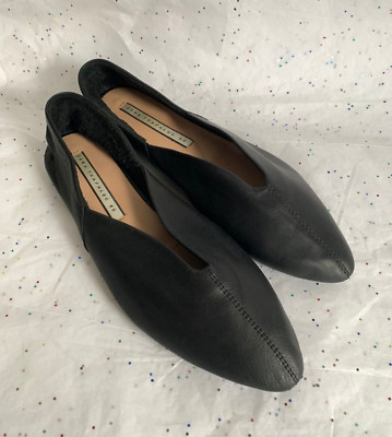 Zara Black Glove Leather Babouches Choked up V Vamp Flats Pointed Toe - 40 US 9