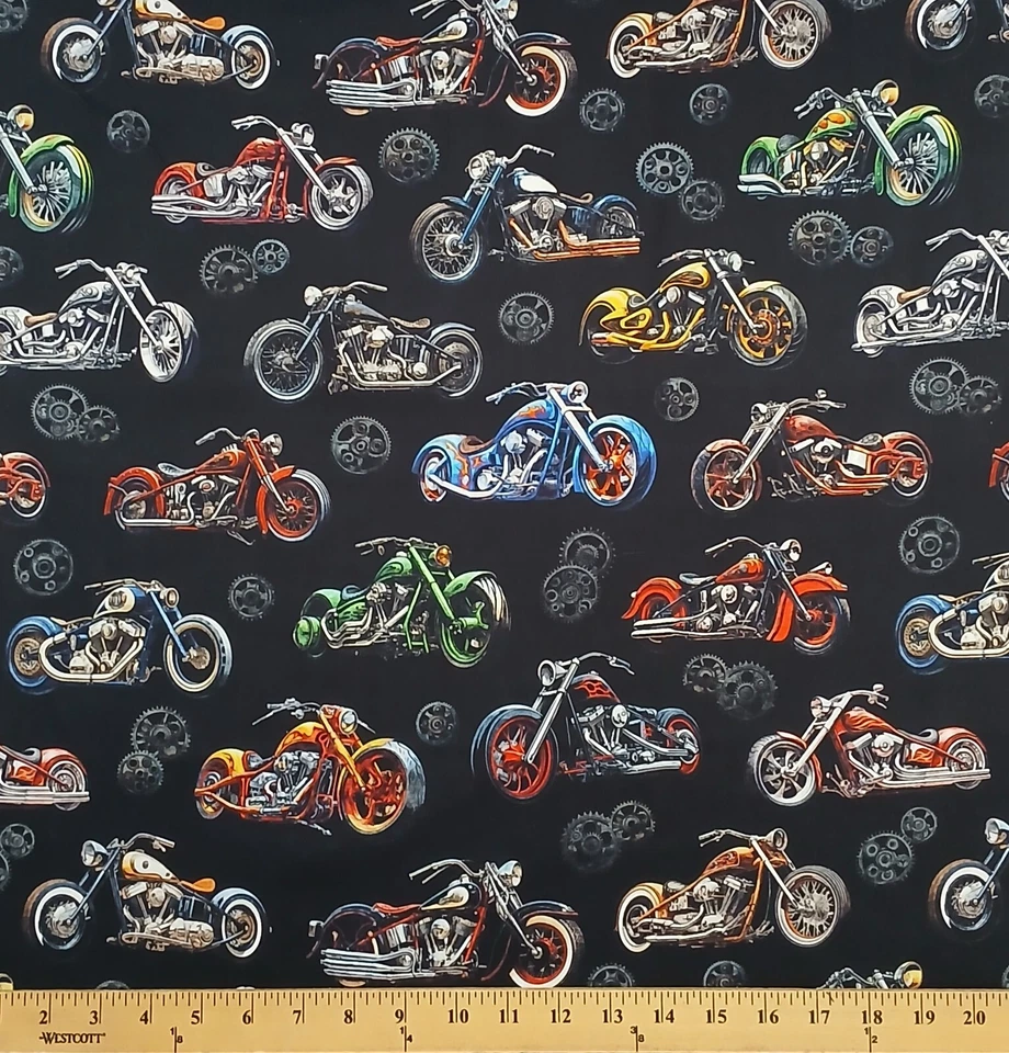 QUILTING TREASURES Cotton Motorcycles Heavy Metal Cotton Fabric Print by the Yard D690.07