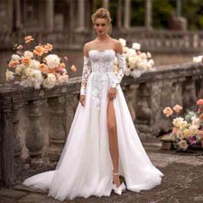 Elegant A-Line Wedding Dresses Long Sleeved High Slit Lace Florals Bridal Gowns