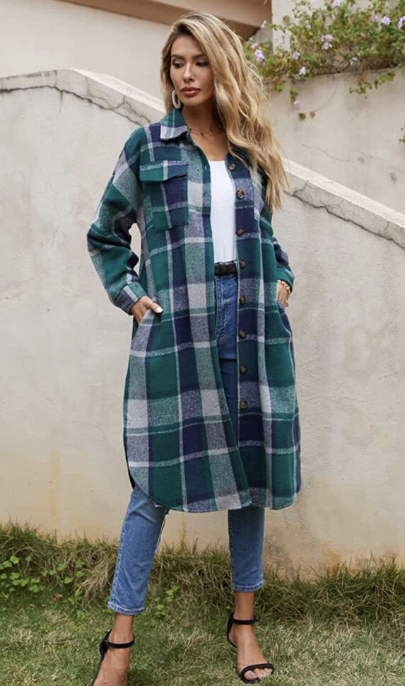 Womens Casual Plaid Shacket Long Sleeve Wool Blend Button