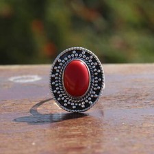 Natural Coral Ring,Bohemian Ring,925 Sterling Silver Ring,Gift,All Sizes 3 to 14