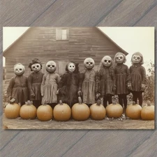 4x6" Spooky Family Portrait Skull Masks Pumpkins Halloween Vintage Aesthetic