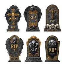 17" Tombstones Halloween Decor 6-Pack   Waterproof BlackGold RIP Grave Marke...