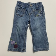 Vtg Y2K Oshkosh B'gosh Baby Girls Denim Blue Jeans Floral Accent Embroidered 12M