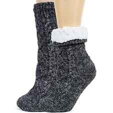Slipper Socks for Women with Grippers Non Slip, Sherpa Lined Medium Dark Grey