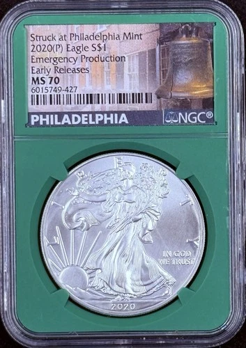 2020 (P) Silver Eagle $1 Emergency Production NGC MS70 ER Liberty Bell Label