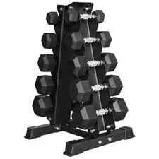 BalanceFrom 150LB Coated Hex Dumbbell Weight Set and A-Frame Storage Rack, 5-25