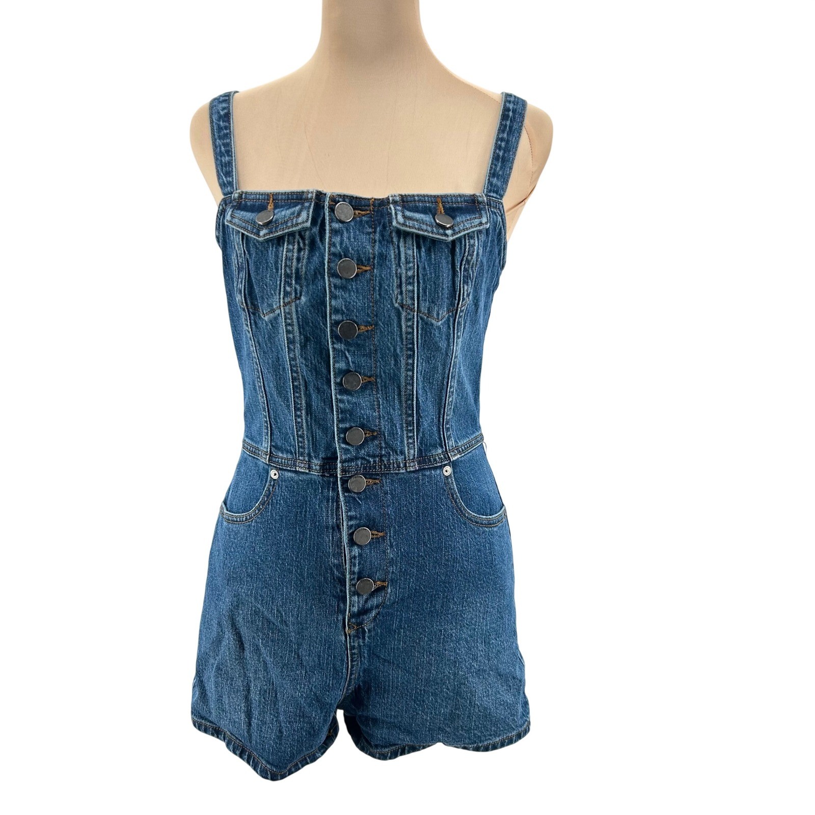 Volcom Women Blue Denim Button Front Romper Jumpsuit Medium Wash Size S 4/6