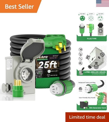 #ad Listed 50 Amp Generator Cord 25FT amp; Inlet Box Durable Safe Power Solution $217.98