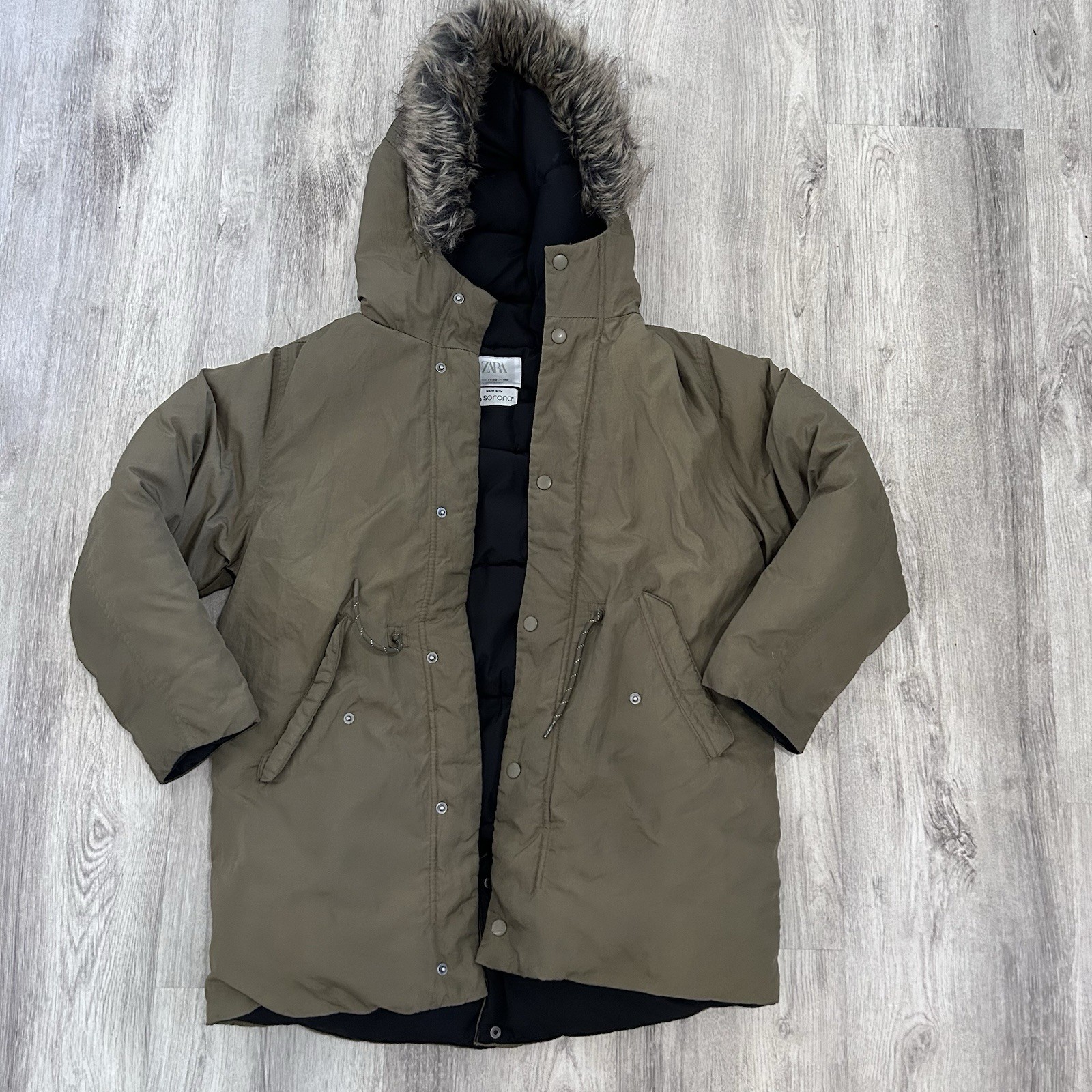 Zara Sorona Kids Hooded Puffer Jacket  Winter Coat Parka Girls Boys 11/12 Olive