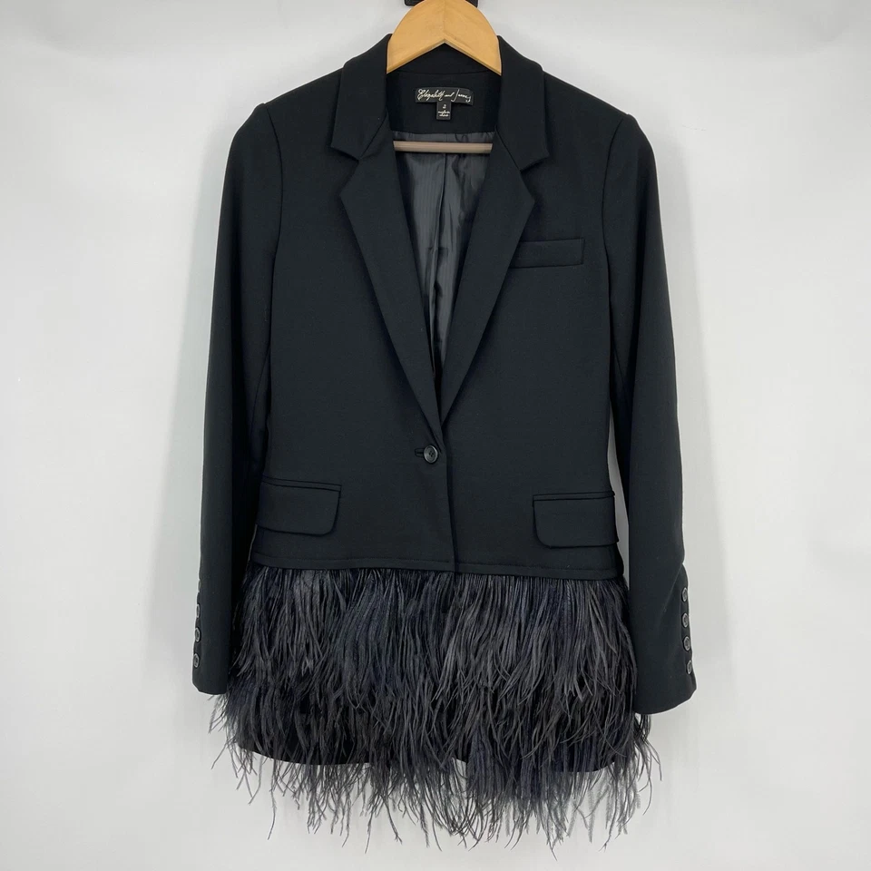 Elizabeth & James | Blazer Rihanna Negro Pluma Avestruz Vuelo de Chaqueta Elegante Foto 3 de 4