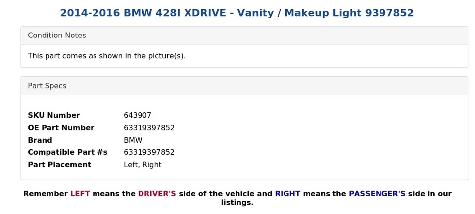 BMW 428I XDRIVE 2014-2016 - luz de tocador/maquillaje 9397852 Foto 4 de 4