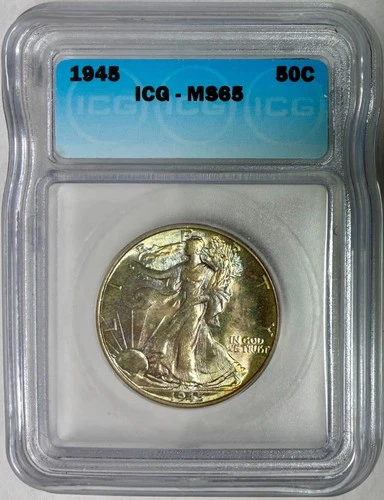 1945 Silver Walking Liberty Half Dollar, ICG MS-65, Gorgeous Obverse Toning!