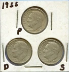 W@W 1955-p,d, s  Roosevelt Dimes !!!! ( 3 dimes !!!! ) VF-EF+  !!!!!