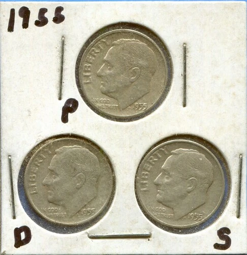 W@W 1955-p,d, s  Roosevelt Dimes !!!! ( 3 dimes !!!! ) VF-EF+  !!!!!