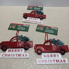 Red Truck  Tree Christmas Ornament Merry Christmas Lot of 3