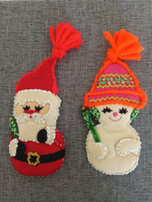 Vintage Bucilla Felt Sequins Handmade Snowman  Santa Christmas Ornaments - 8"